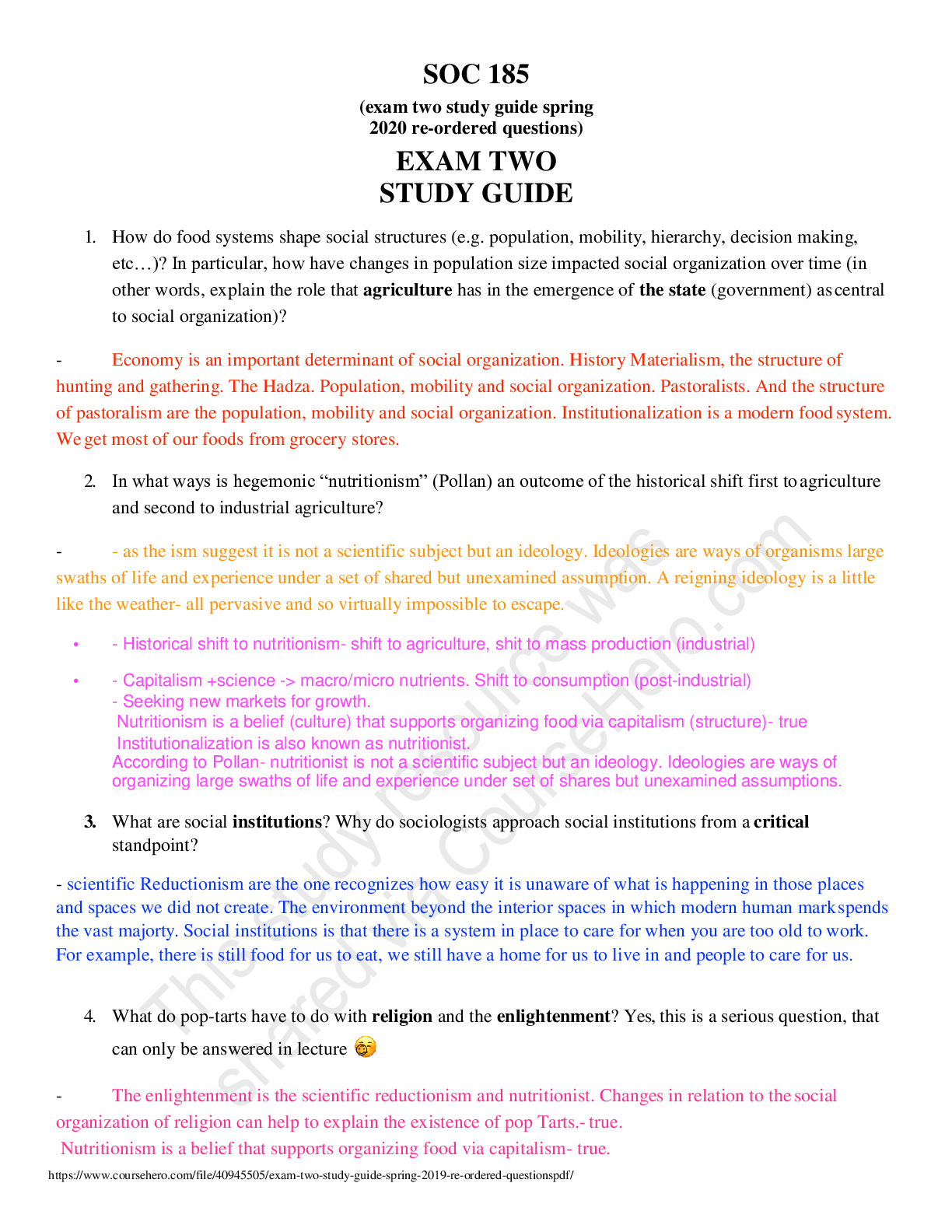 Preview image of SOC 185 (exam two study guide spring 2020 re-ordered questions) EXAM TWO STUDY GUIDE document